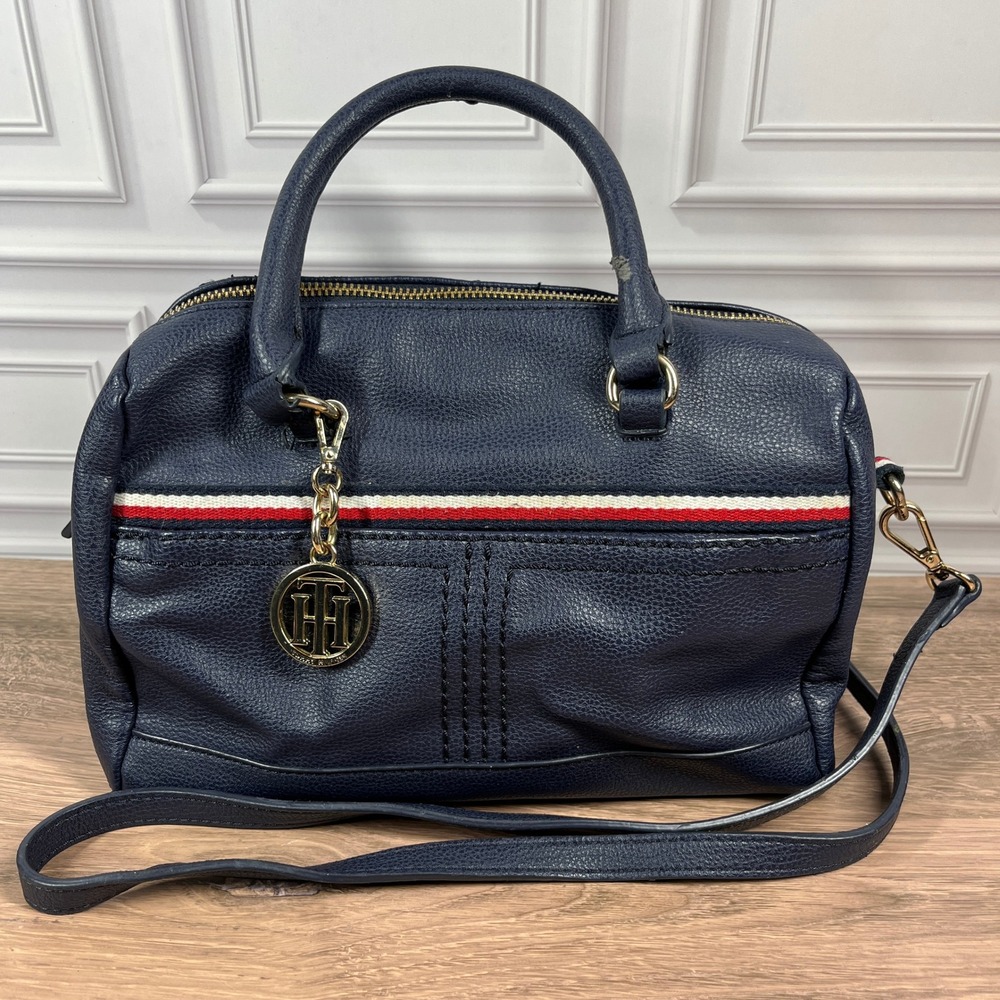 Tommy Hilfiger Jaden Satchel Bag Medium Navy Blue Striped Faux Leather Crossbody